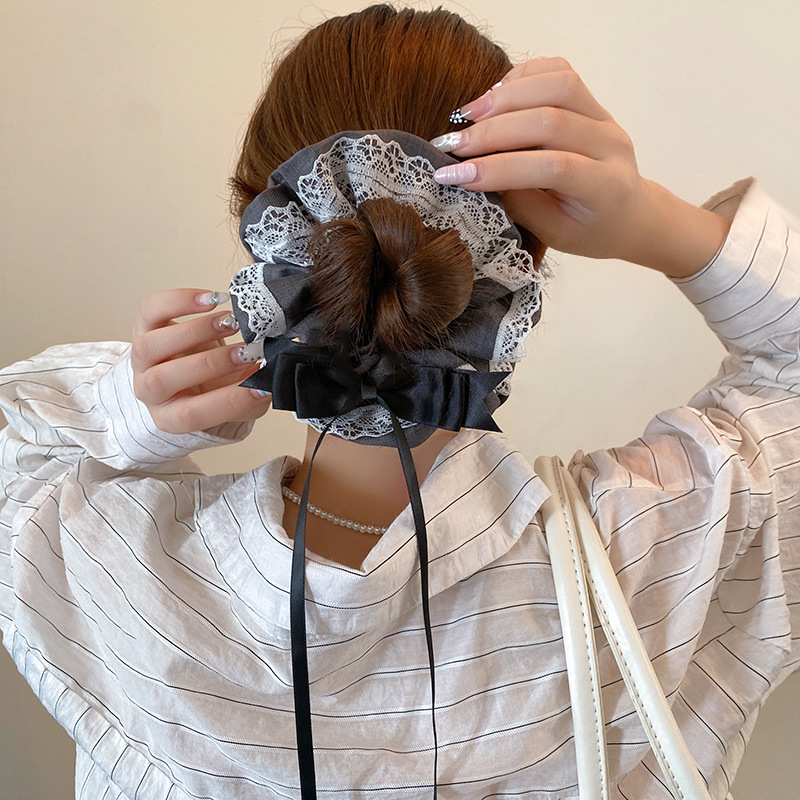 高级感黑色蝴蝶结飘带大肠发圈2025新款女蕾丝花边扎丸子头发饰品|undefined