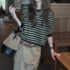 大码胖MM美式条纹显瘦长袖t恤女2025秋季内搭打底衫超火减龄上衣