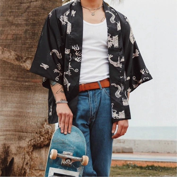 Кимоно хаори, кардиган, уличная мода, японский стиль, с принтом, рукав три четверти, пара, драпировка, тонкое пальто, шаль