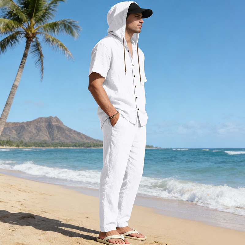 Herren Sommer Leinen Set Kurzarmhemd Und Hose Im Casual Style_voghion.com