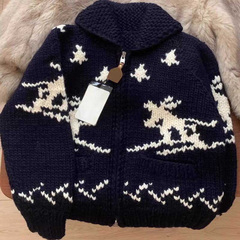 Navy Blue Knitted Cardigan for Women 2025 New Style Inner Layer Jacket Winter Atmosphere Ski Jacquard Lapel Sweater Trendy