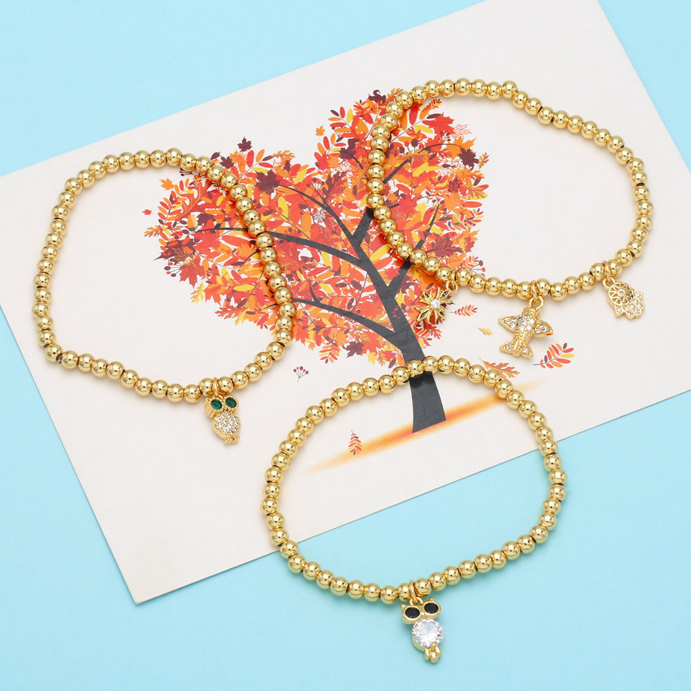 Fashion Sun Palm Owl Copper Bracelets Beaded Gold Plated Zircon Copper Bracelets