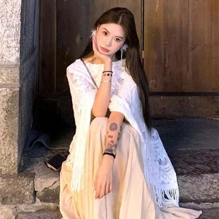 Cross-Border 2025 Summer Mid-Length Crocheted Cut Out Asymmetrical Tassel Pullover Knitwear Women's Cape Shawl Knitwear