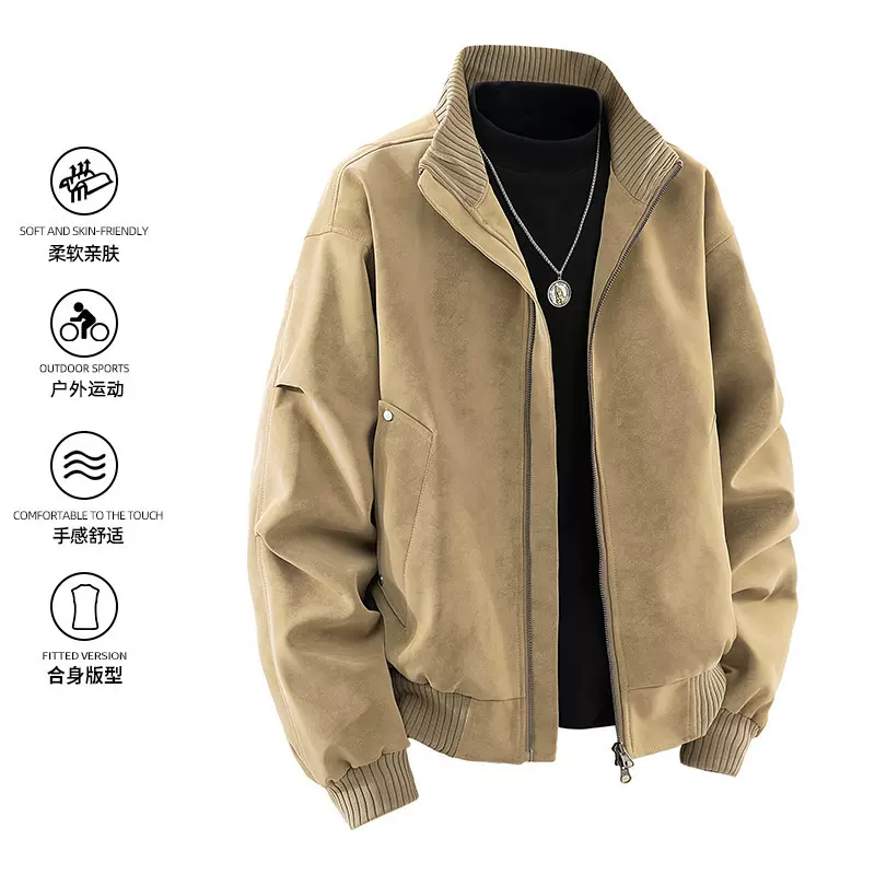 跨境2025皮夹克男士立领潮流美式复古皮螺纹领pu皮衣外套宽松大码