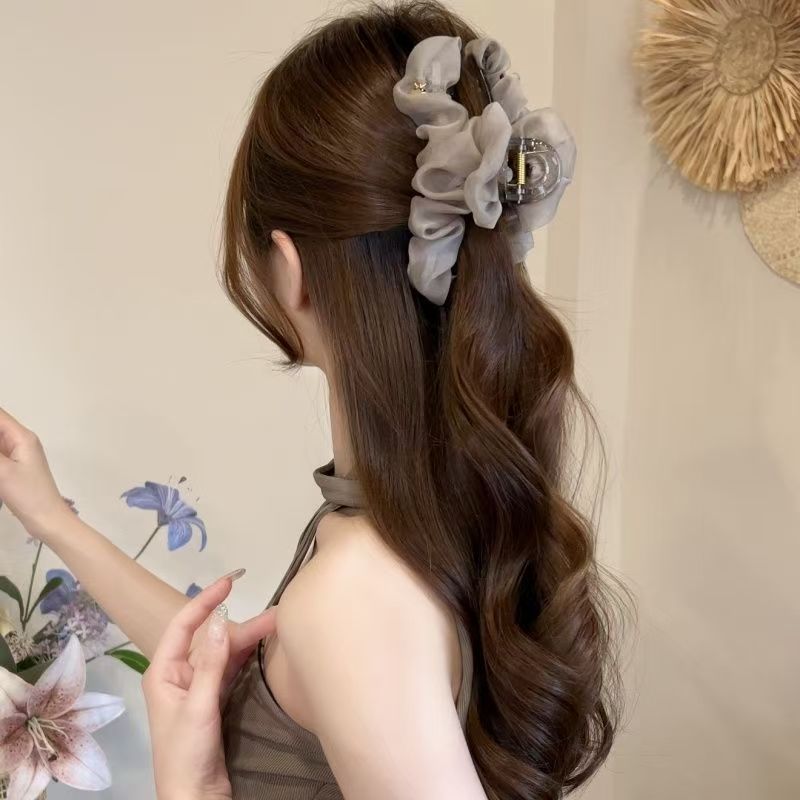 夏季新款超仙网纱褶皱抓夹甜美大号盘发鲨鱼夹后脑勺发夹发饰女|undefined