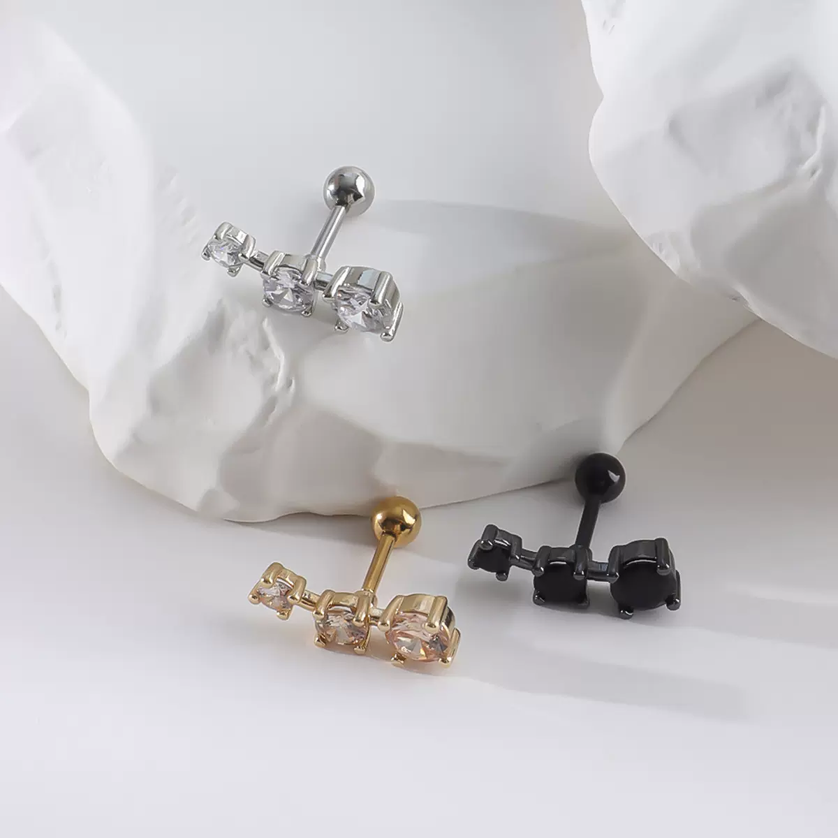 欧美热销锆石铜铸造耳钉不锈钢耳饰耳骨钉外贸饰品现货批发