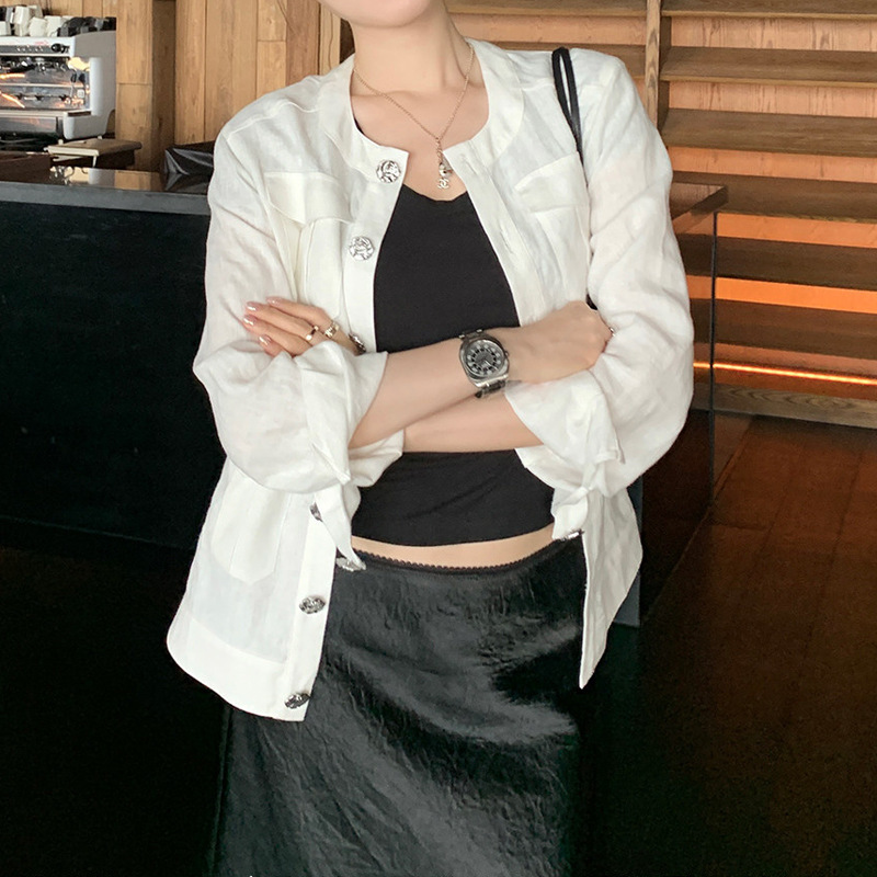 Jinyi Qianliqianqi Rose Silver Buckle Fashionable Jacket for Women Spring Linen Round Neck New Style Loose and Casual Jinyi Qianliqianqi Rose Silver Buckle Fashionable Jacket for Women Spring Linen Round Neck New Style Loose and Casual