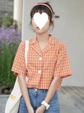 复古港味格子短袖衬衣衬衫女夏季新款韩版时尚西装领短款别致上衣
