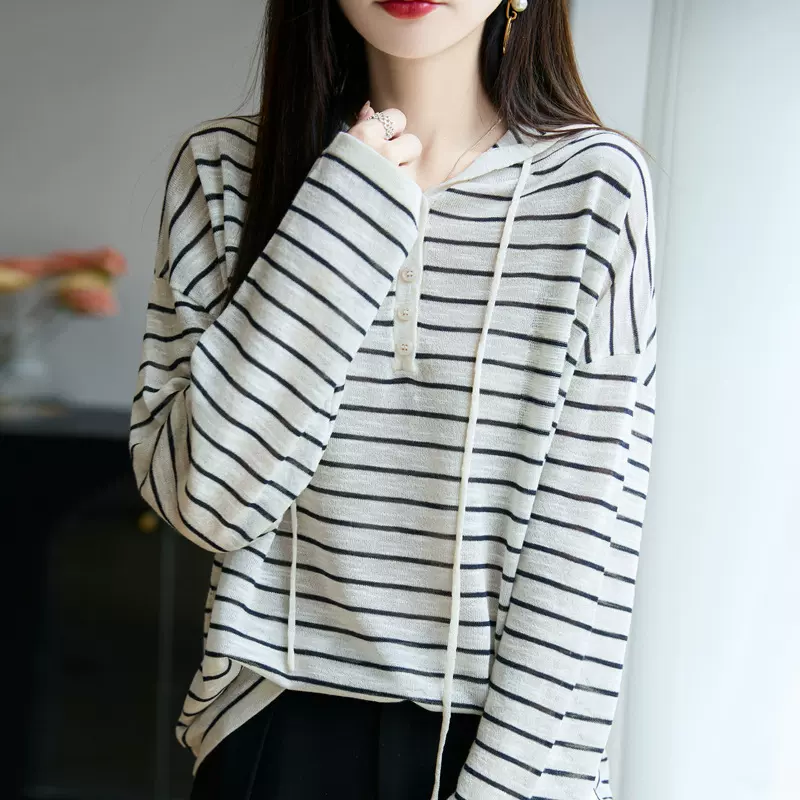 精纺羊毛法式条纹连帽针织衫女宽松休闲外穿毛衣新款卫衣外套帽衫