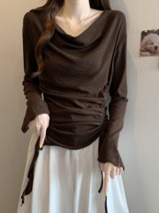 美拉德时尚咖色荡领长袖t恤女秋季大码胖mm收腰不规则打底衫上衣
