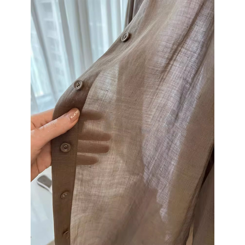 Áo sơ mi linen nữ phong cách cổ điển thiết kế rộng rãi chống nắng mùa hè — Màu cà phê khói chi tiết 5