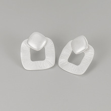 简约几何镂空方形耳钉通体纯银S925时尚个性磨砂肌理后挂式耳环