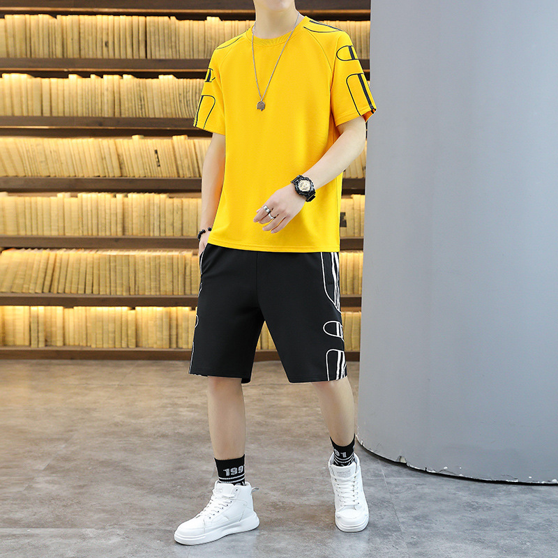 Pantalones cortos traje deportivo verano de los hombres Nueva suelta casual de dos piezas transpirable hielo de seda de manga corta Camiseta de cinco puntos Pantalones