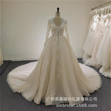外贸出口长袖鱼尾婚纱米白色v领欧美新娘婚纱礼服
