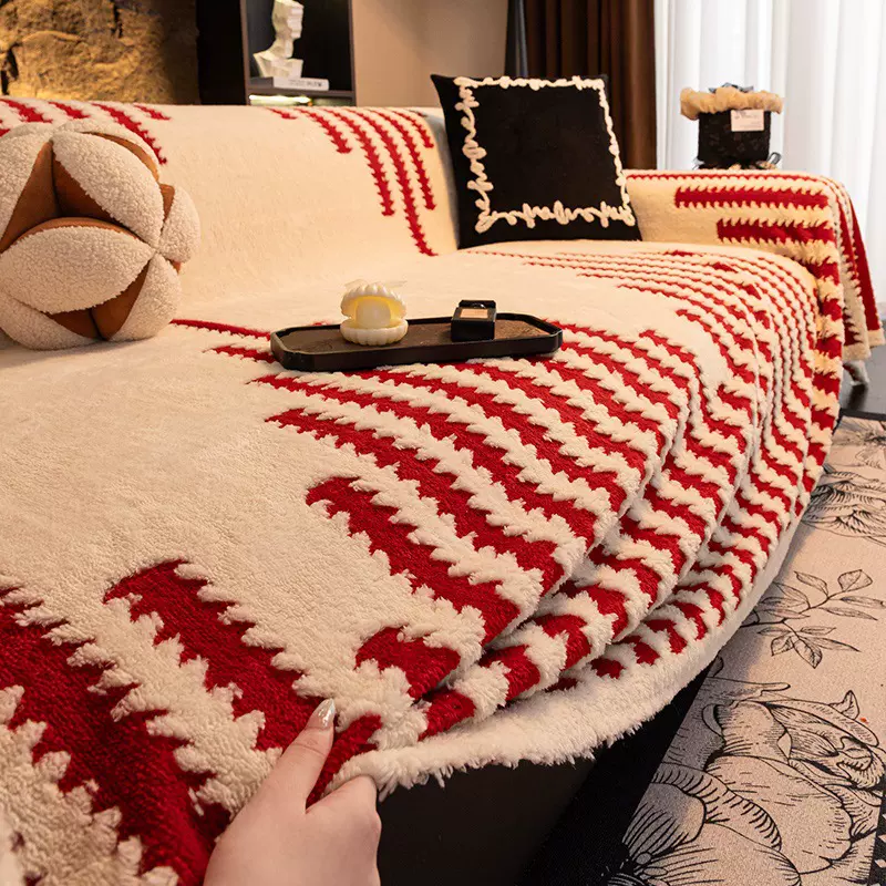 严选新年喜庆红色沙发巾一整张全盖套罩新款毛绒沙发垫秋冬季盖布
