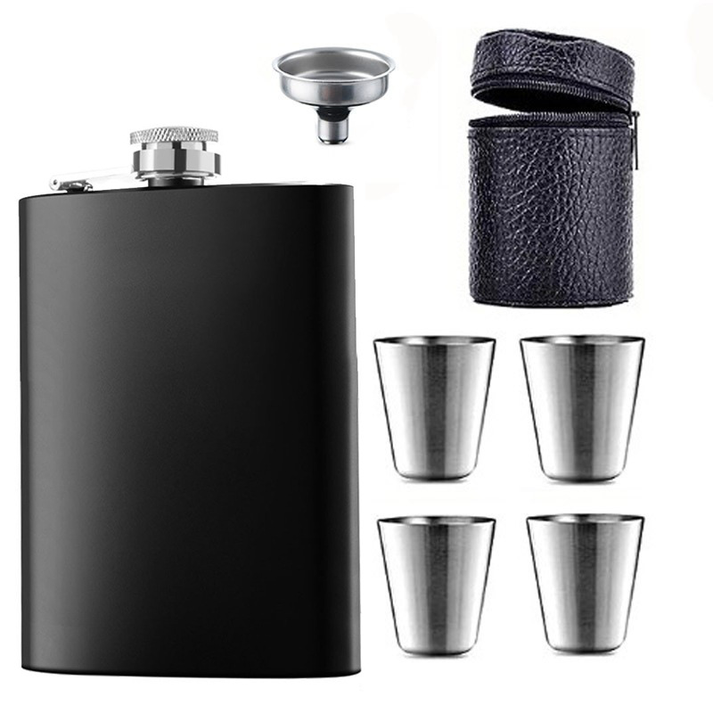 Suministro de petacas de acero inoxidable, petacas pequeñas portátiles de acero inoxidable para exteriores con revestimiento de cuero ruso y botellas.