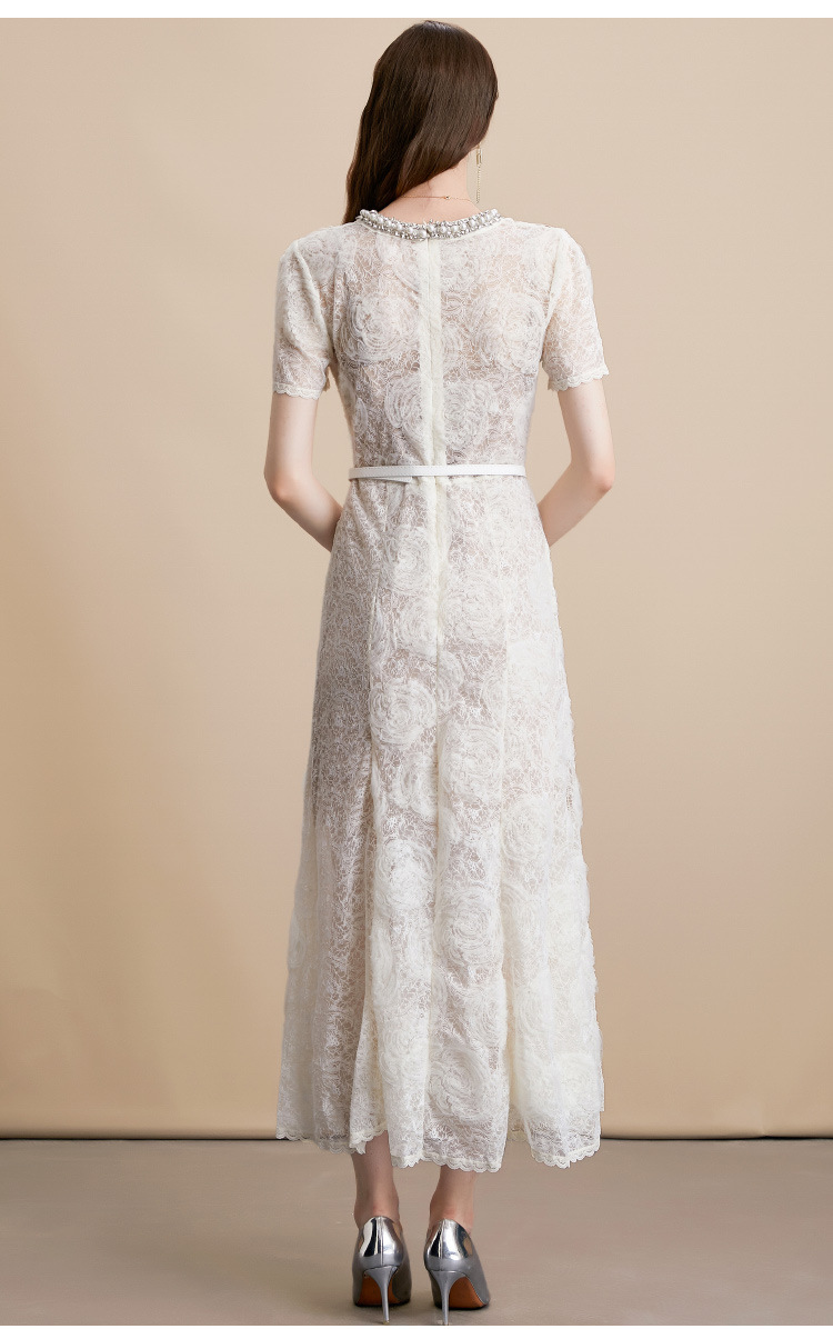Đầm maxi nữ cổ tròn thêu ren đính kim cương dáng dài — đen, mơ chi tiết 9