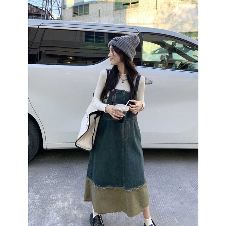 Retro Denim Suspender Skirt for Women Autumn and Winter 2026 New Design Asymmetrical Contrasting Color Splicing Mid-Length Dress
