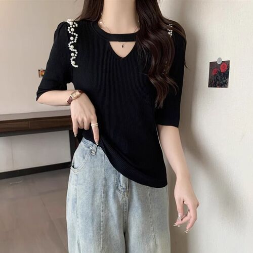 Women's belly-covering hollow ice silk short-sleeved base shirt 2025 summer mm slimming age-reducing foreign-style knitted top