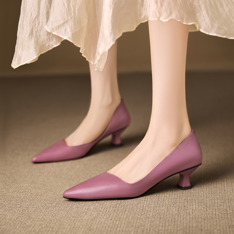 Spring and Autumn New Thick High Heel Cowhide Pointed Toe Shallow Shoes Women's Lilac Temperament Plaid Commuting French High Heels