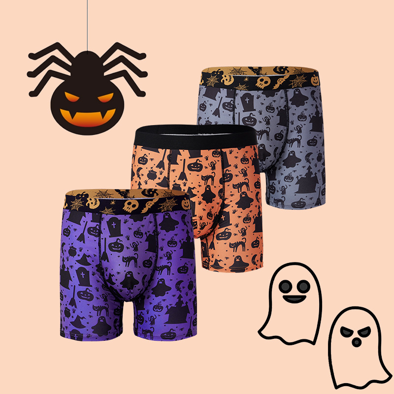 Men's boxers printed Halloween funny atmosphere comfortable breathable seamless boxers men's European and American cross-border wholesale Men's boxers printed Halloween funny atmosphere comfortable breathable seamless boxers men's European and American cross-border wholesale