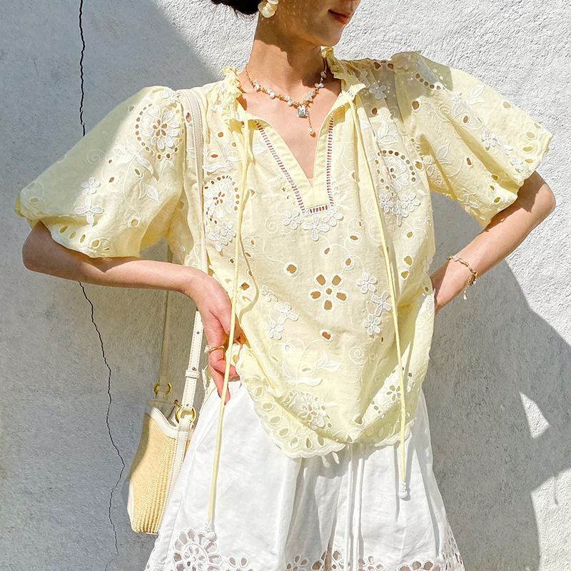 Embroidered Hollow-Out Blouse French-Style Shirt for Women Short-Sleeve Unique Design V-Neck Top Women's Summer Shenzhen Cross-Border Women's Fashion