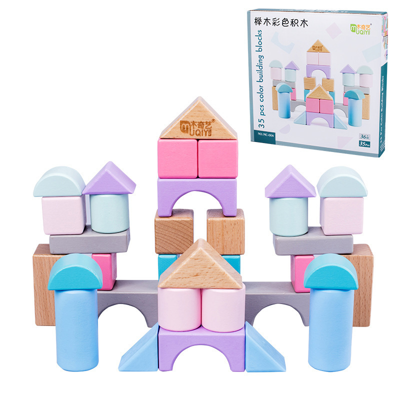 Haya Educación temprana Color Bloques de construcción para bebés Caja de madera Educación temprana para niños Juguetes de juego apilados de partículas grandes de madera