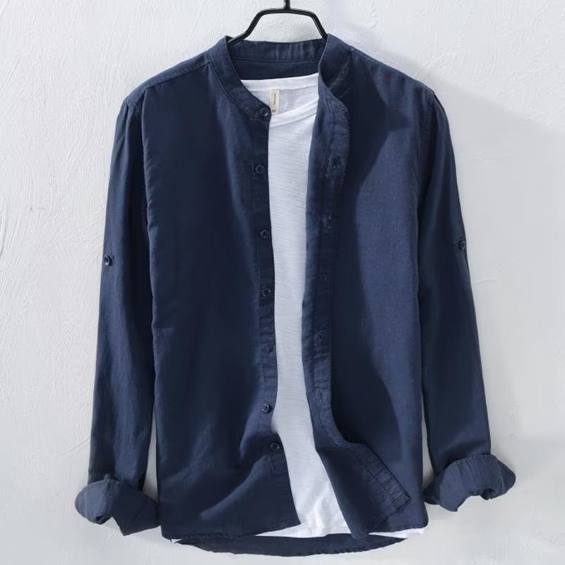 Spring and Summer Small Fresh Collar Cotton Linen Shirt Men's Casual Simple Long Sleeve Loose Breathable Linen Shirt for Young Men