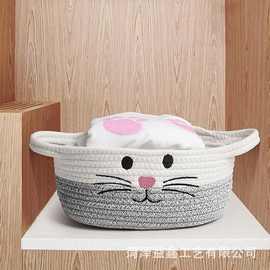 创意猫耳朵棉线编织筐桌面水果零食储物筐儿童玩具盒化妆品收纳篮