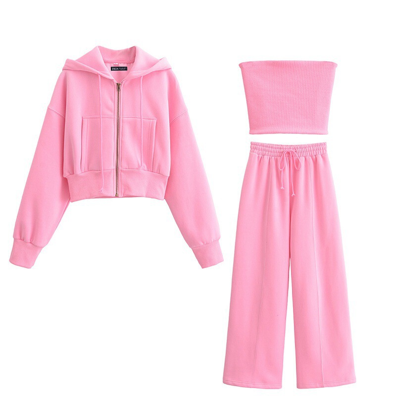 Spring New Hooded Short Sweatshirt Loose Jogging Pants Short Tube Top Suit for Women
