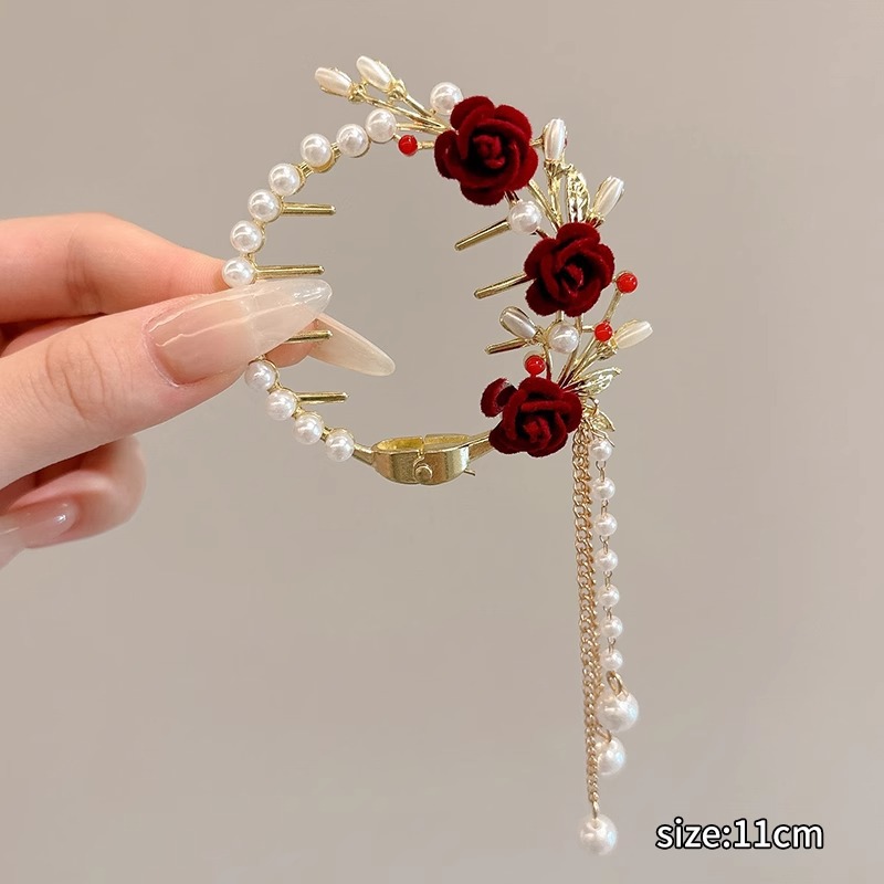 Nuevo estilo chino mariposa botón de cabello para mujeres de alta calidad flores de perla clips de cola de caballo lujoso clips de agarre de cabeza posterior falda de caballo adornamiento para el cabello