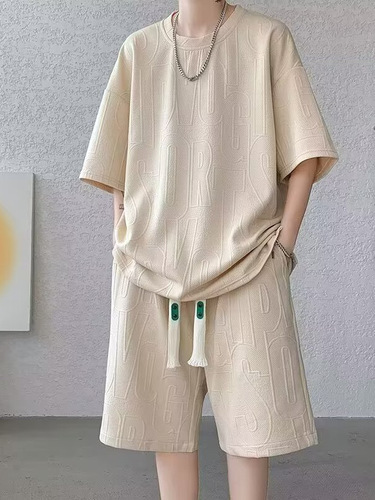 Heavy short-sleeved casual sports suit for men, thin summer wear, loose quarter pants, two-piece waffle suit