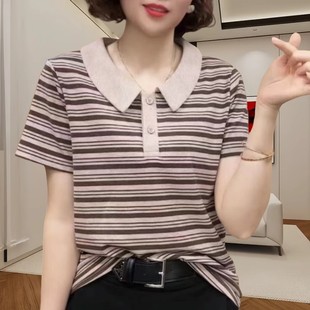 Thin Short-sleeved T-shirt Women's Summer New Striped Polo Collar Design Base Shirt Fashionable Loose Stylish Top