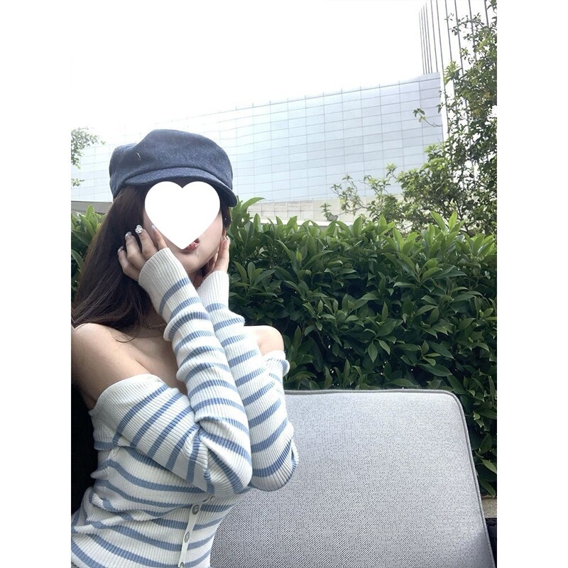 Sunlight Island Blue and White Contrast Striped Knit Top for Women, New Spring Style, Off-Shoulder, Slim-Fit, Short Base Layer Top Sunlight Island Blue and White Contrast Striped Knit Top for Women, New Spring Style, Off-Shoulder, Slim-Fit, Short Base Layer Top