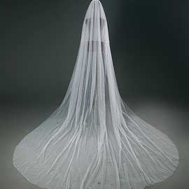 亚马逊外贸欧美新娘头纱手缝发梳长款拖尾珍珠头纱结婚头饰遮面纱