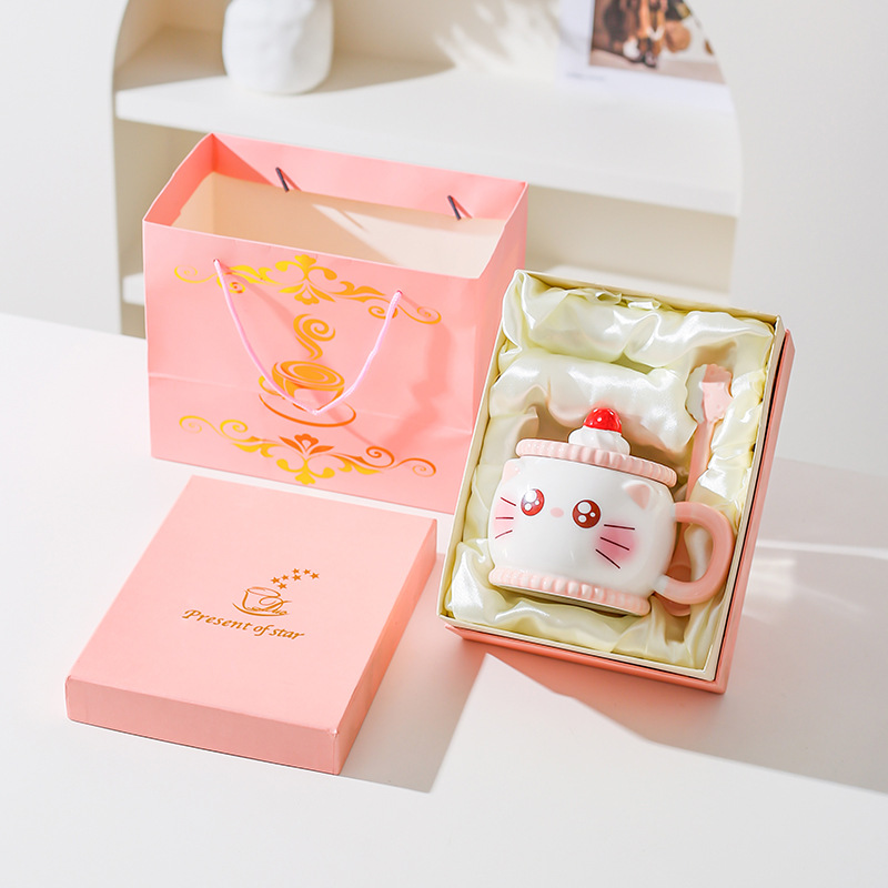 Creativa encantadora caricatura de cerámica taza de regalo rosa de corazón de niña taza de agua con cuchara de cerdo taza de gato