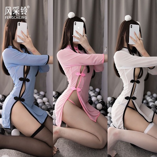 Sexy see-through cheongsam cardigan sexy underwear with buttons that can be unbuttoned passion suit soft mesh skirt pajamas
