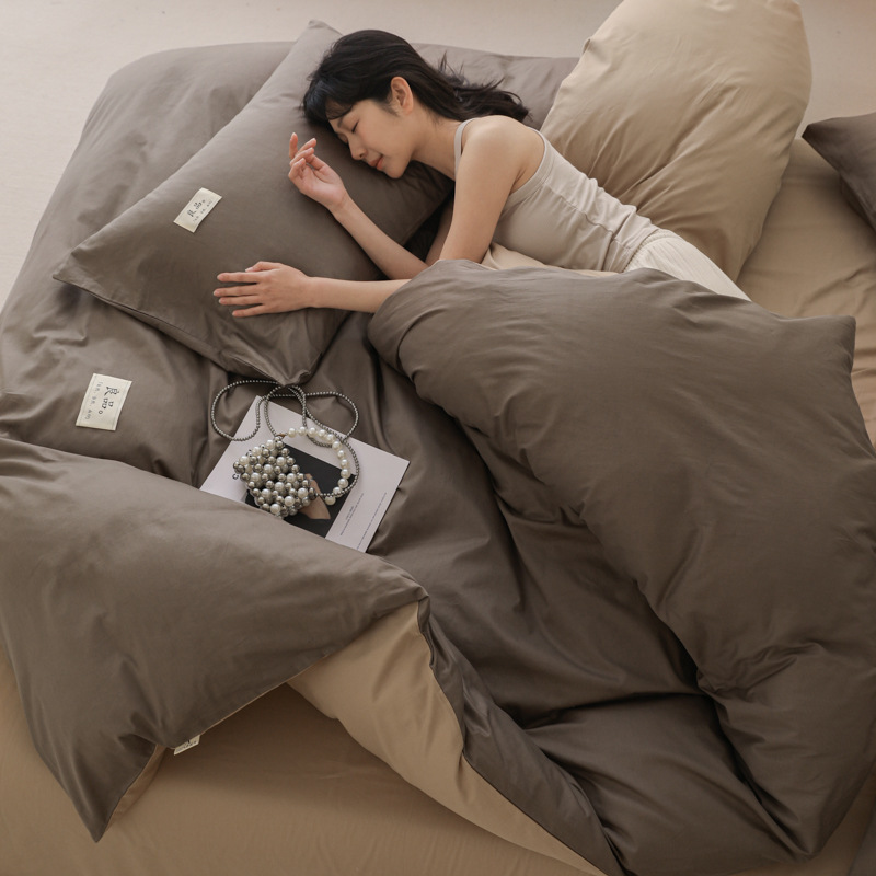 Japanese Simple Pure Color Double Cotton Four-Piece Quilt Cover Type a Skin-Friendly Dormitory Three-Piece Bed Bed Sheets Set 100% Cotton