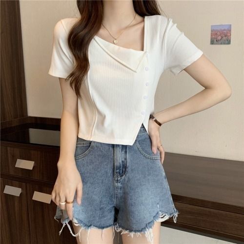 Irregular V-neck design for plump girls T-shirt summer new large size niche plain slimming body shaping top women's clothing 