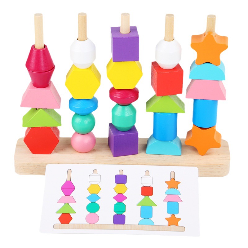 Cpc ce geometría de madera transfronteriza combinación cognitiva de bloques de construcción para niños con cuentas y cuerdas de cinco juegos de rompecabezas de columnas