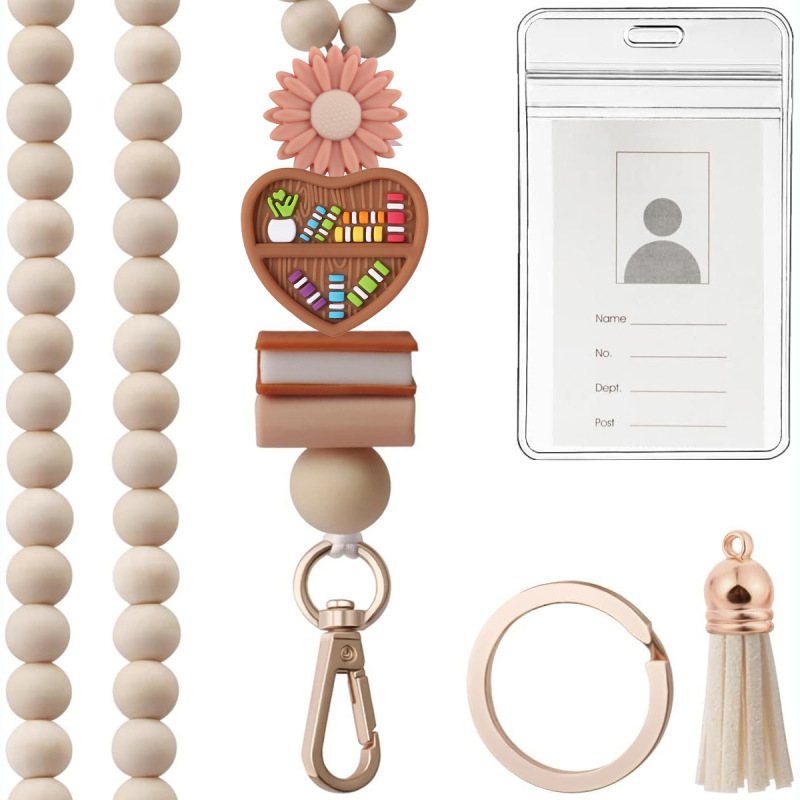 Cross-Border Amazon New Style Wooden Bead Tassel Lanyard Keychain Silicone Bead Flower Brand Work Id Card Necklace Lanyard