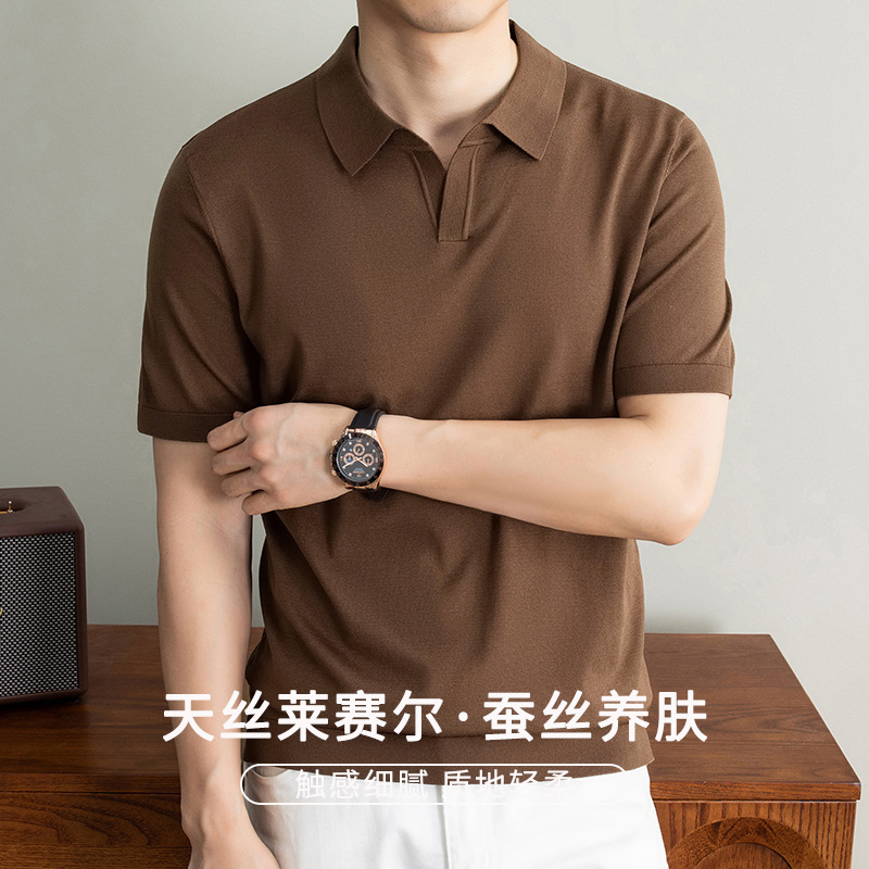 Men's Polo Shirt with Seagull Collar in Mulberry Silk Knit, Short Sleeves, Old Money Style, Tencel Cotton Silk, Breathable Men's T-Shirt