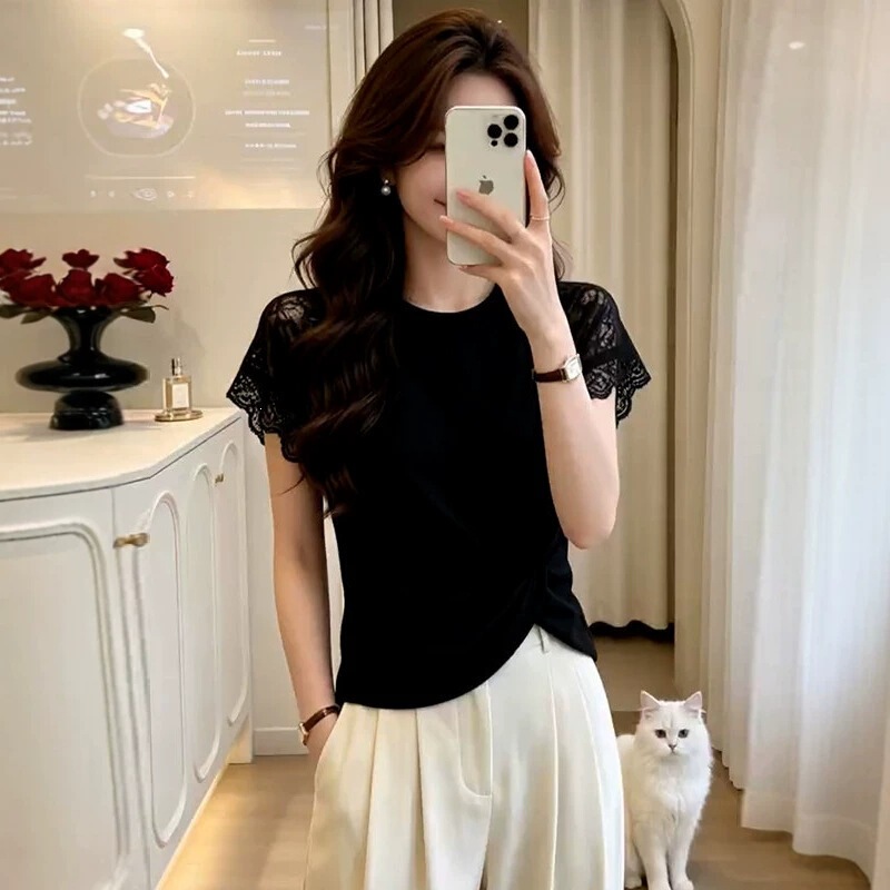 New Stylish Waist-Cinching Summer Tops for Women, Fashionable Lace Patchwork Design, Trendy 2026 T-Shirt, Versatile New Stylish Waist-Cinching Summer Tops for Women, Fashionable Lace Patchwork Design, Trendy 2026 T-Shirt, Versatile