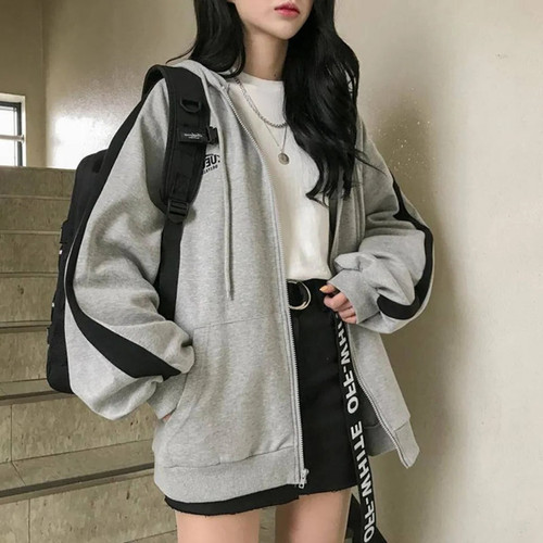 Zip-up Hooded Sweatshirt for Women - Ins Spring and Autumn Thin Loose European and American Open Style Long Sleeve Hooded Jacket for Women with Fleece