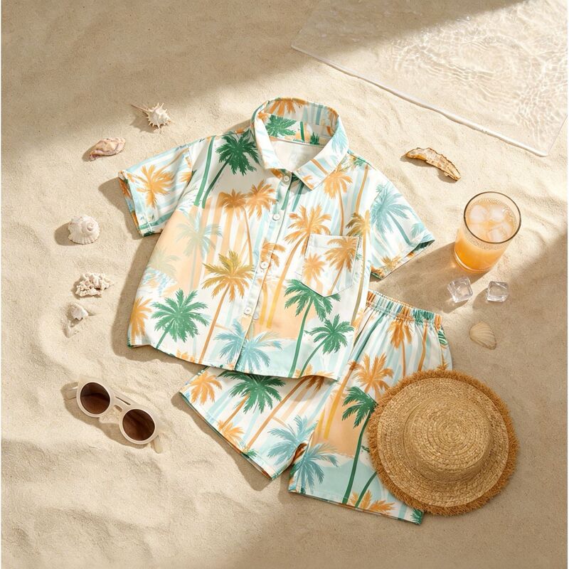 2026 Summer New Children's Island Style Cardigan Shirt Boys and Girls Beach Casual Printed Set 2026 Summer New Children's Island Style Cardigan Shirt Boys and Girls Beach Casual Printed Set