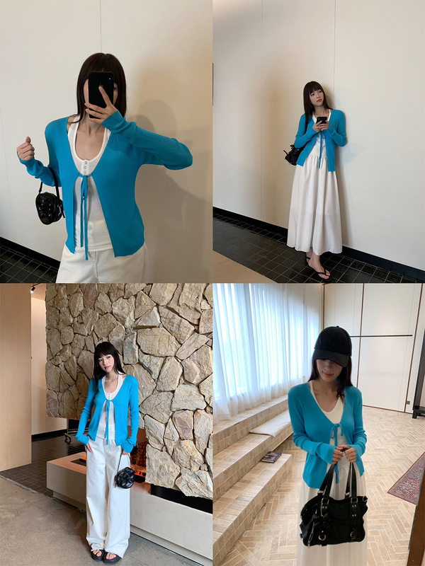 Yuyi 新しい 2025 夏韓国スタイルのレースアップニットカーディガンフェミニンな長袖トップ女性のための m11355|undefined