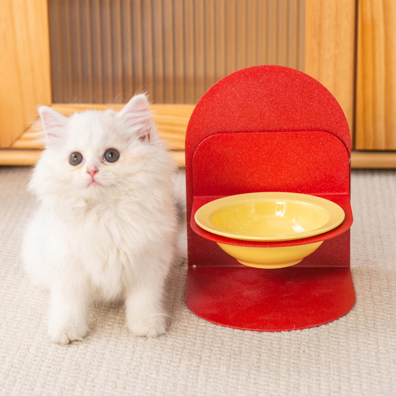 创意纯色飞碟碗带磁吸碗架家用陶瓷猫碗狗碗护颈宠物碗防打翻水碗|undefined