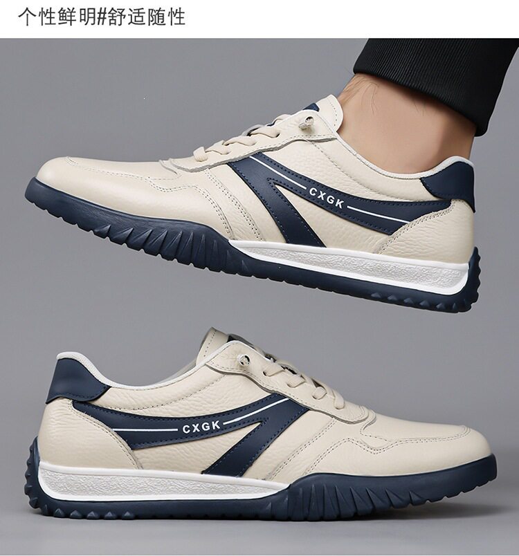 Giày thể thao nam da mềm đế mềm thoáng khí phối sọc, kiểu sneaker cổ thấp — màu trắng ngà, đen, Lớp đầu màu be 6002, Đen đầu lớp 6002 chi tiết 15