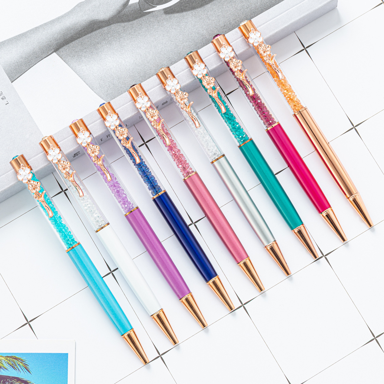 Cross-Border New Model Pen Clip Four-Leaf Clover Pen Creative Metal Pen Crystal Pen Multi-Color Rotating Ballpoint Pen Can Be Printed with Logo