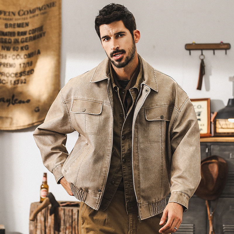 アメリカのレトロなPUの皮の服のコートの男性の春の2025新型のファッションの機関車の服のごろつきのかっこいいハードコアは皮のジャケットを狩ります。|undefined